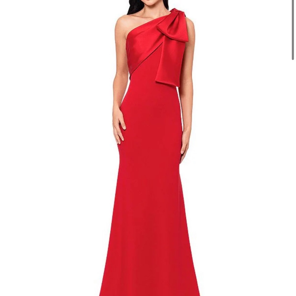 Betsy & Adam One-Shoulder Red Gown with Draped Bow